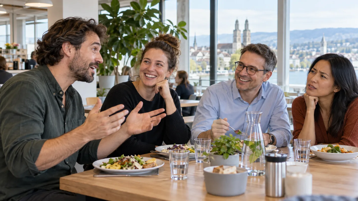 Vier Arbeitskollegen unterhalten sich beim gemeinsamen Mittagessen